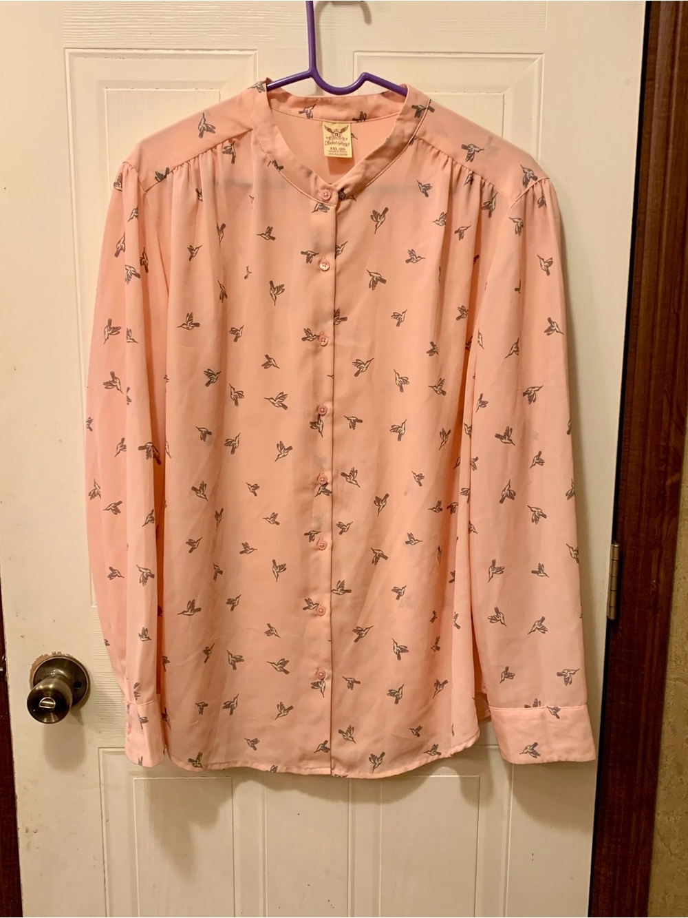 Faded Glory Peach Hummingbird Print Button Up Blouse Top XXL (20)